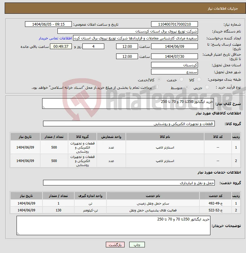 نیاز انتخاب تامین کننده-خرید ایگناتور 350تا 70 و 70 تا 250 