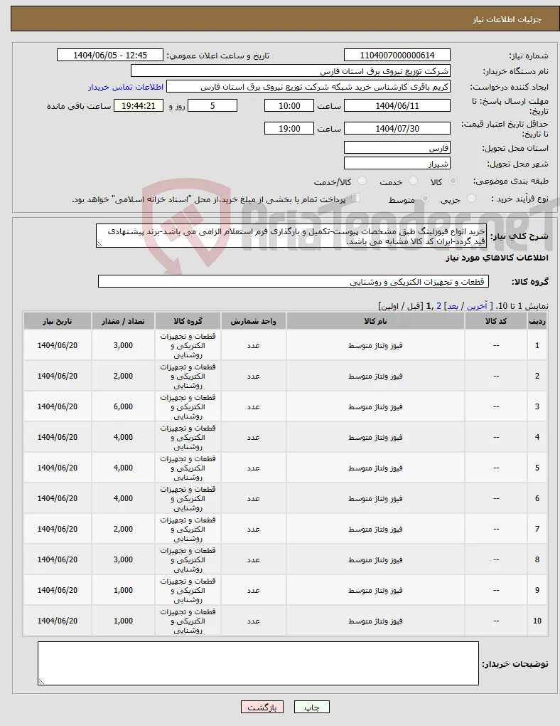 نیاز انتخاب تامین کننده-خرید انواع فیوزلینگ طبق مشخصات پیوست-تکمیل و بارگذاری فرم استعلام الزامی می باشد-برند پیشنهادی قید گردد-ایران کد کالا مشابه می باشد.