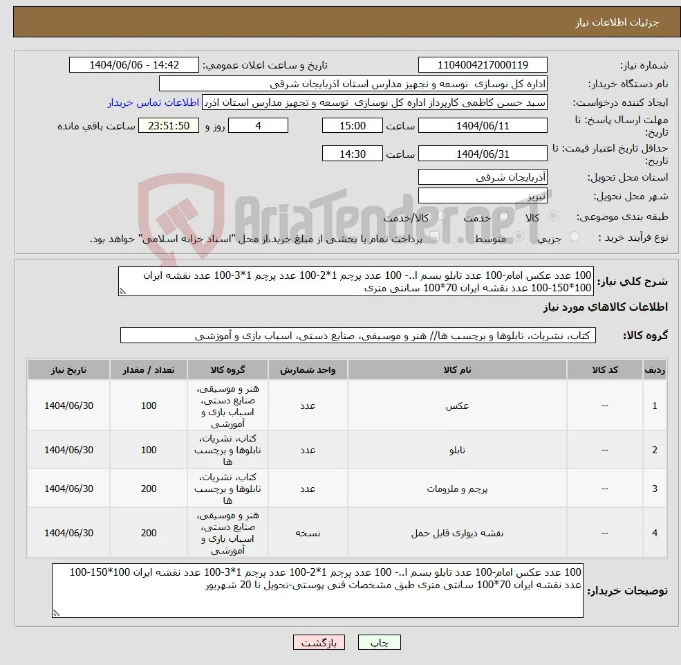 نیاز انتخاب تامین کننده-100 عدد عکس امام-100 عدد تابلو بسم ا..- 100 عدد پرچم 1*2-100 عدد پرچم 1*3-100 عدد نقشه ایران 100*150-100 عدد نقشه ایران 70*100 سانتی متری 