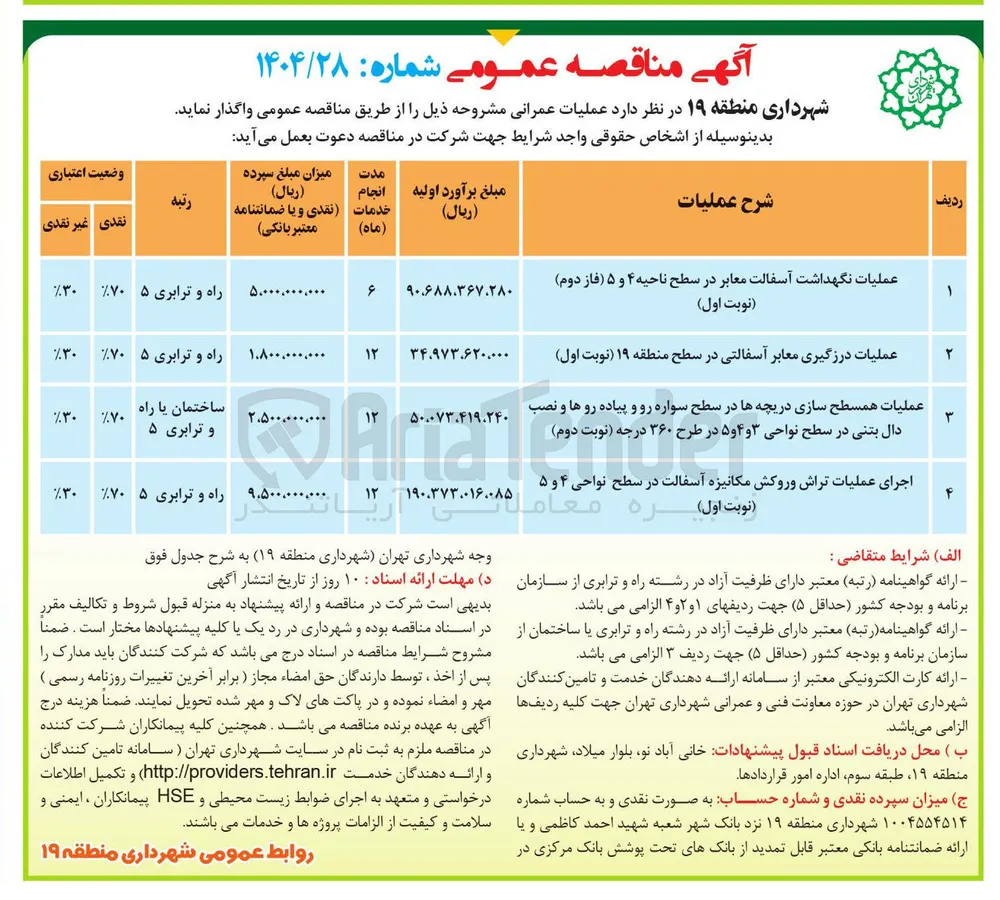 عملیات نگهداشت آسفالت معابر در سطح ناحیه ۴ و ۵ فاز دوم ) ( نوبت اول ) 
