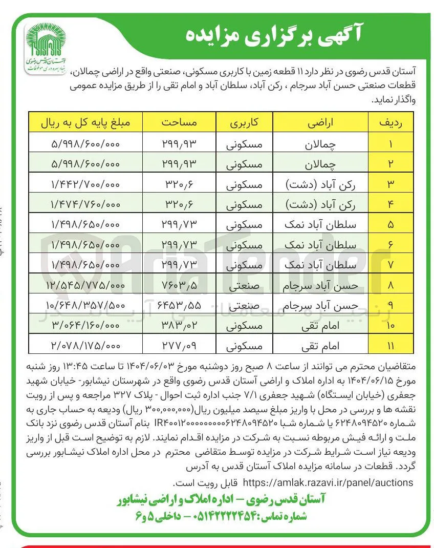  ۱۱ قطعه زمین با کاربری مسکونی