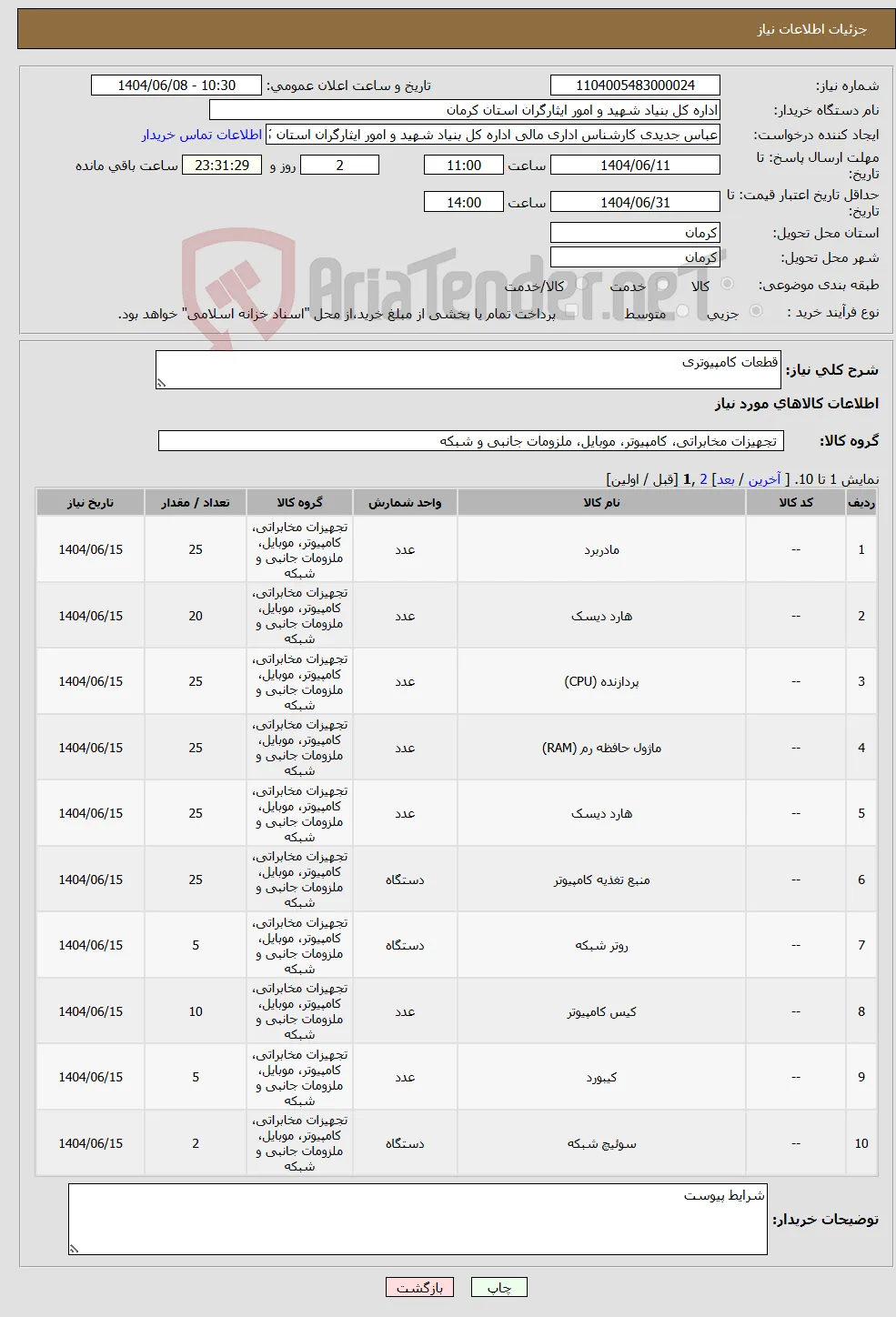 نیاز انتخاب تامین کننده-قطعات کامپیوتری 
