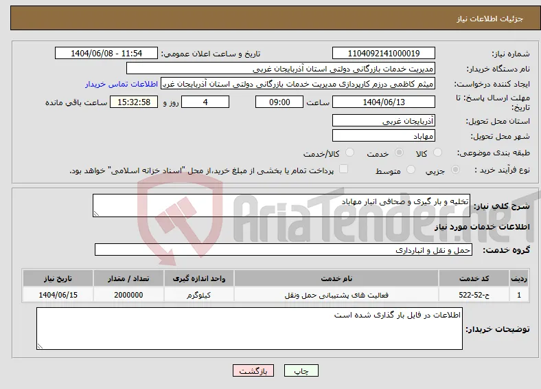 نیاز انتخاب تامین کننده-تخلیه و بار گیری و صحافی انبار مهاباد