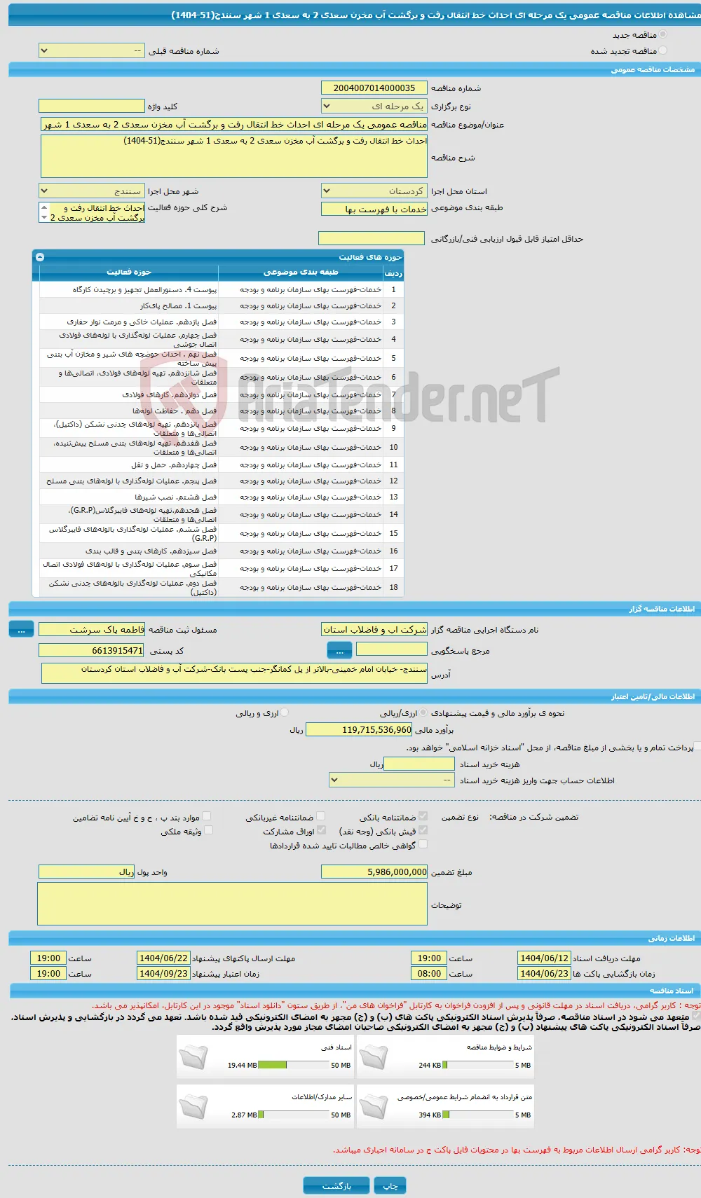 مناقصه عمومی یک مرحله ای احداث خط انتقال رفت و برگشت آب مخزن سعدی 2 به سعدی 1 شهر سنندج(51-1404)