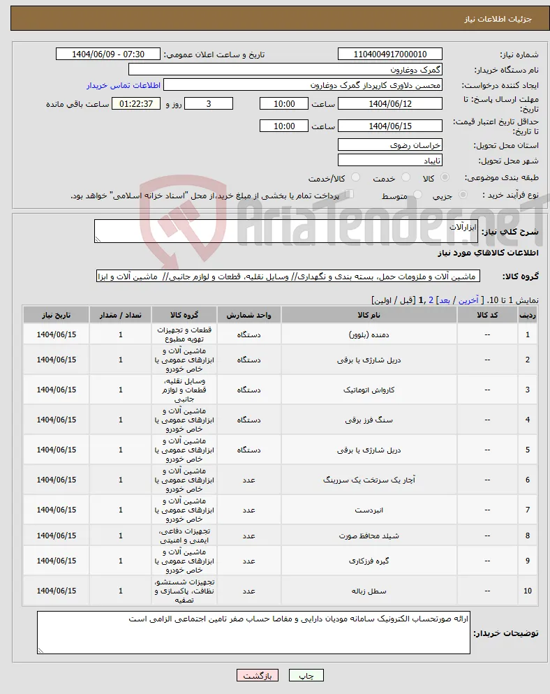 نیاز انتخاب تامین کننده-ابزارآلات