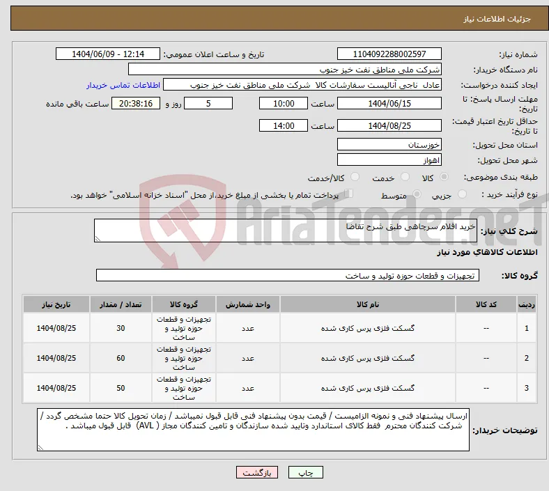نیاز انتخاب تامین کننده-خرید اقلام سرچاهی طبق شرح تقاضا
