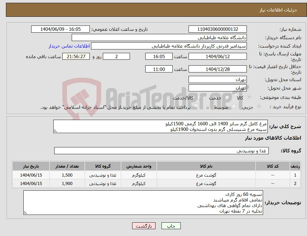 نیاز انتخاب تامین کننده-مرغ کامل گرم سایز 1400 الی 1600 گرمی 1500کیلو سینه مرغ شنیسلی گرم بدون استخوان 1900کیلو