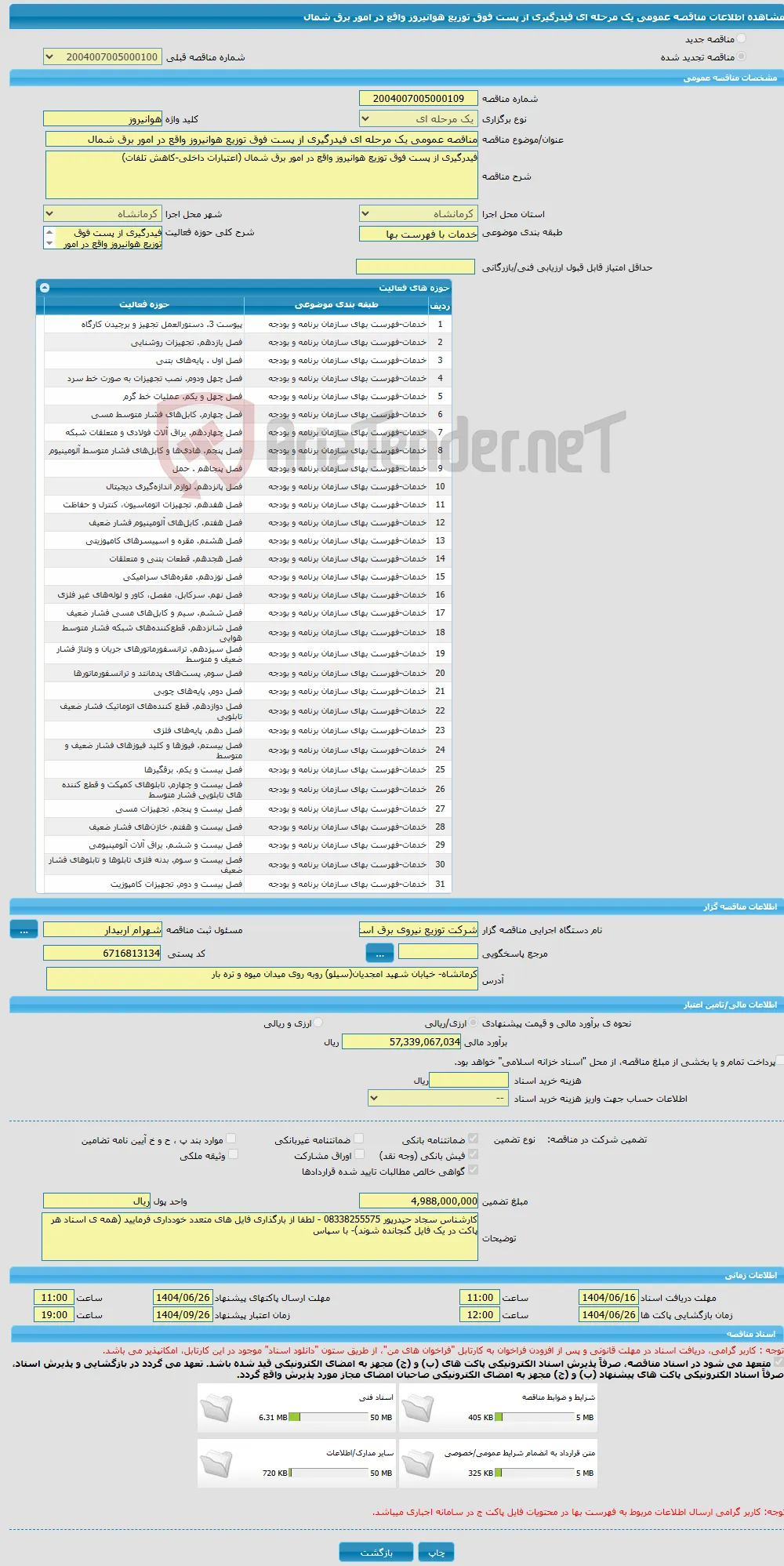 مناقصه عمومی یک مرحله ای فیدرگیری از پست فوق توزیع هوانیروز واقع در امور برق شمال