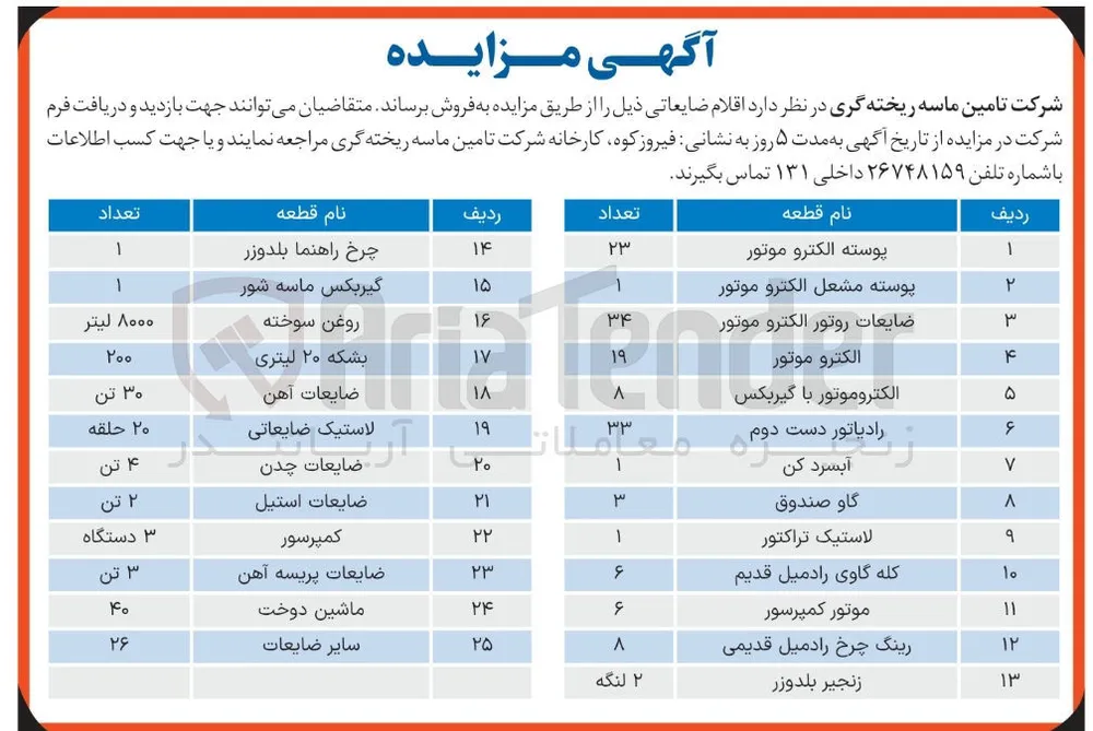 فروش اقلام ضایعاتی در 25 ردیف شامل : پوسته الکترو موتور - 
چرخ راهنما بلدوزر - پوسته مشعل الکترو موتور - گیربکس ماسه شور - ضایعات روتور الکترو موتور - الکتروموتور با گیربکس - روغن سوخته و...