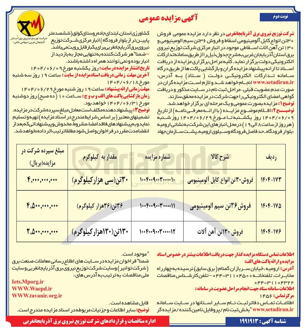فروش ۳۶ تن سیم آلومینیومی