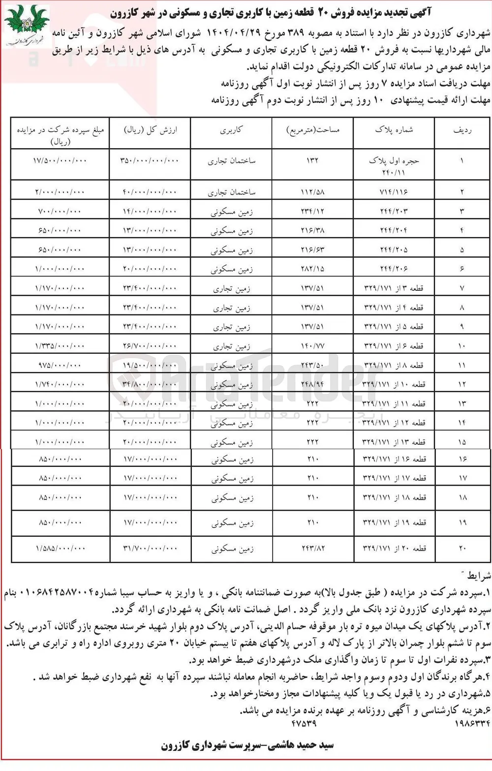 فروش ۲۰ قطعه زمین با کاربری تجاری و مسکونی