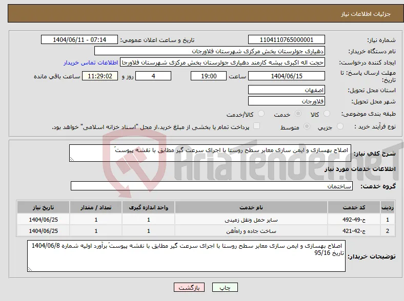 نیاز انتخاب تامین کننده- اصلاح بهسازی و ایمن سازی معابر سطح روستا با اجرای سرعت گیر مطابق با نقشه پیوستͬ
