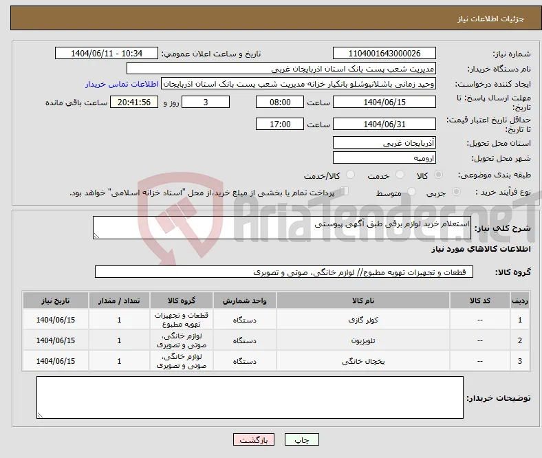 نیاز انتخاب تامین کننده-استعلام خرید لوازم برقی طبق آگهی پیوستی 
