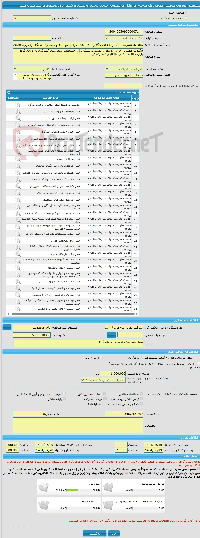 مناقصه عمومی یک مرحله ای واگذاری عملیات اجرایی توسعه و بهسازی شبکه برق روستاهای شهرستان کلیبر