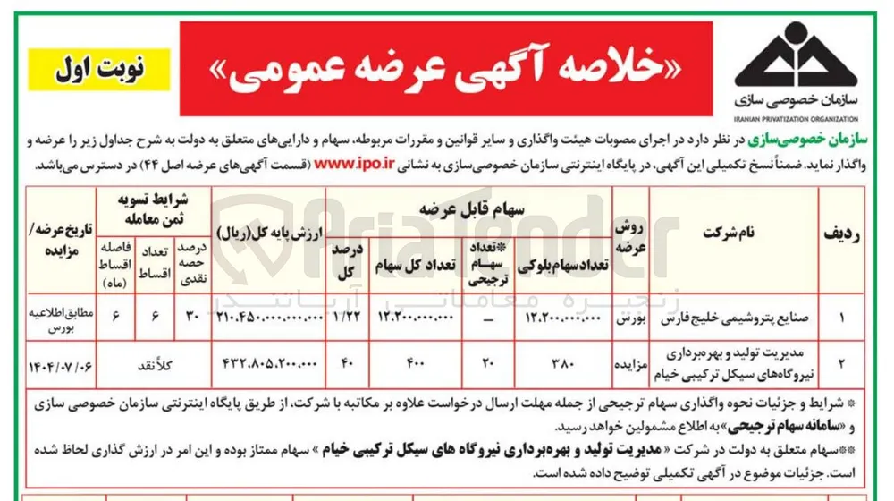 عرضه سهام مدیریت تولید و بهره برداری نیروگاههای سیکل ترکیبی خیام 