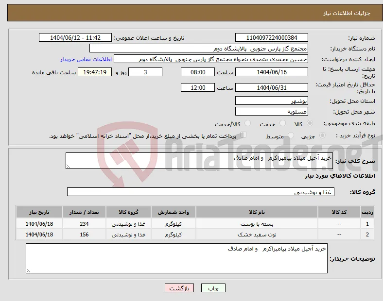 نیاز انتخاب تامین کننده-خرید آجیل میلاد پیامبراکرم و امام صادق