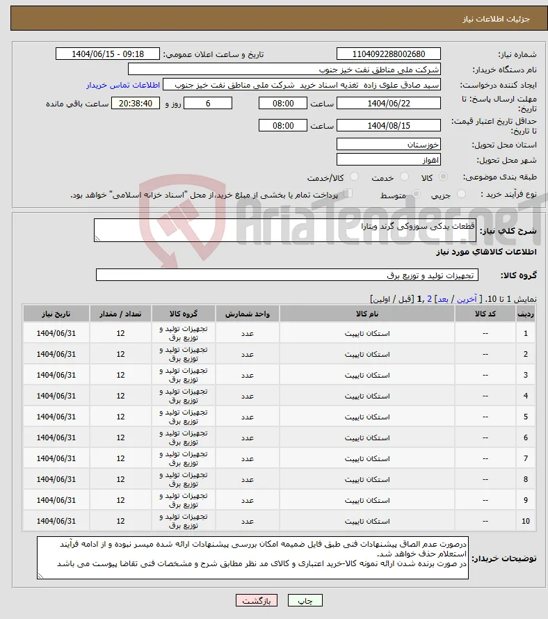 نیاز انتخاب تامین کننده-قطعات یدکی سوزوکی گرند ویتارا