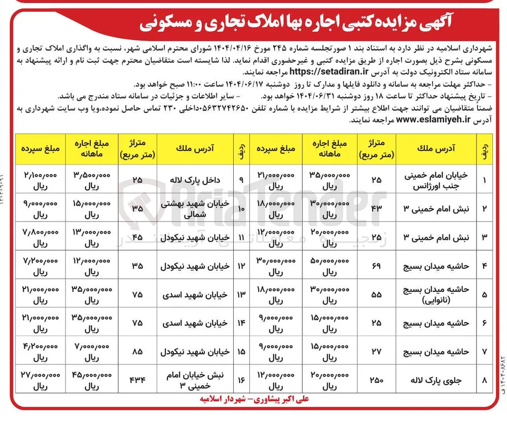  واگذاری املاک تجاری و مسکونی