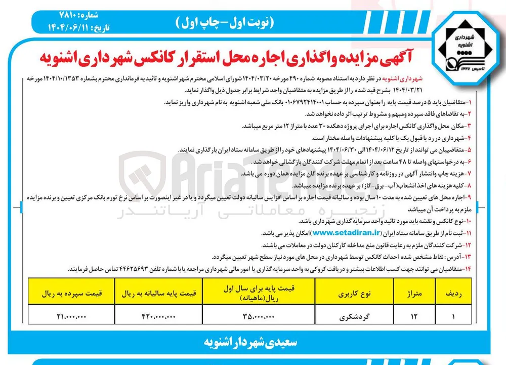 واگذاری اجاره محل استقرار کانکس 