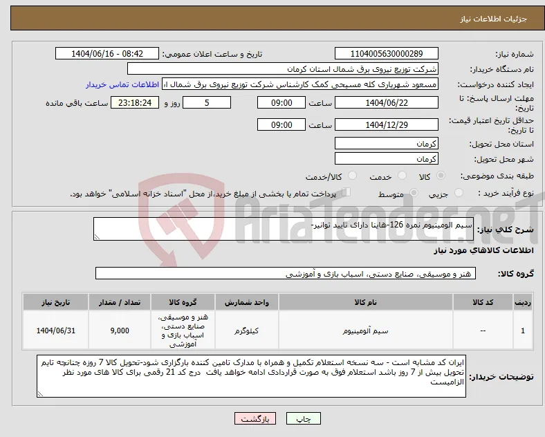 نیاز انتخاب تامین کننده-سیم الومینیوم نمره 126-هاینا دارای تایید توانیر-