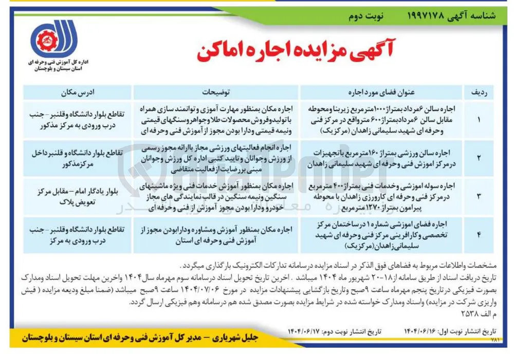 اجاره سالن ۶ مرداد بمتراژ ۱۰۰۰ متر مربع زیربنا و محوطه مقابل سالن ۶ مرداد بمتراژ ۶۰۰ متر - اجاره سالن ورزشی بمتراژ ۱۶۰ متر مربع با تجهیزات - اجاره سوله اموزشی و خدمات فنی بمتراژ ۴۰۰ متر مربع - اجاره فضای آموزشی شماره ۱ در ساختمان مرکز تخصصی و کارافرینی