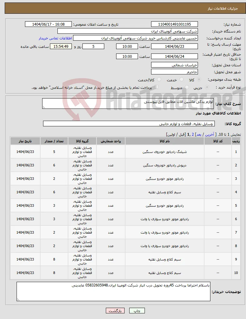 نیاز انتخاب تامین کننده-لوازم یدکی ماشین الات مطابق فایل پیوستی