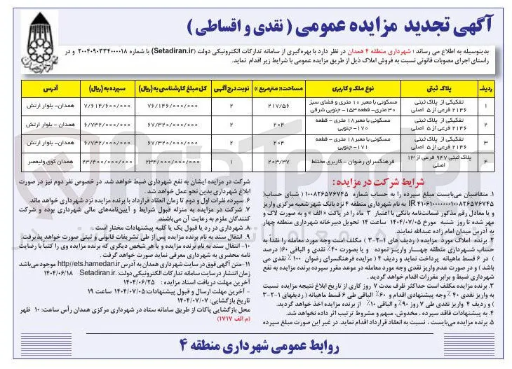 فروش املاک در 4 ردیف با کاربری مسکونی و مختلط