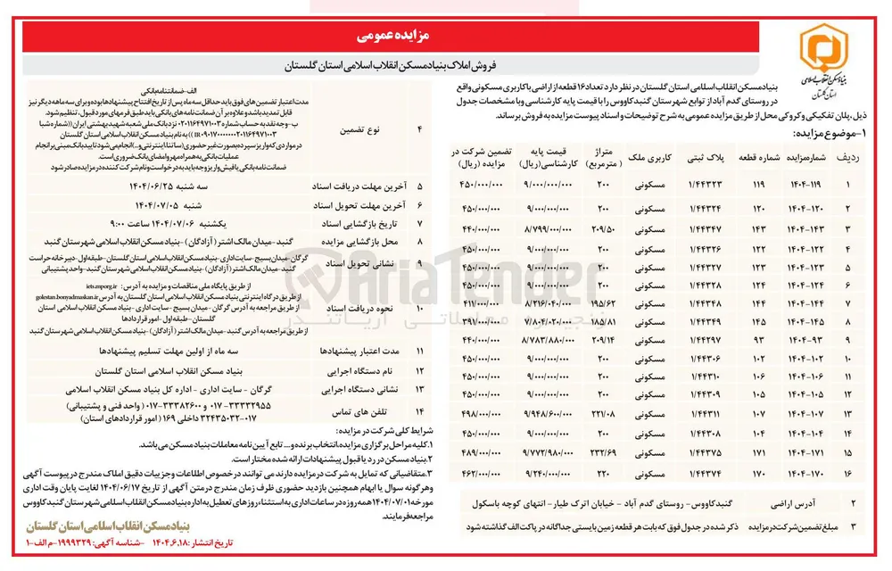 فروش تعداد ۱۶ قطعه از اراضی با کاربری مسکونی
