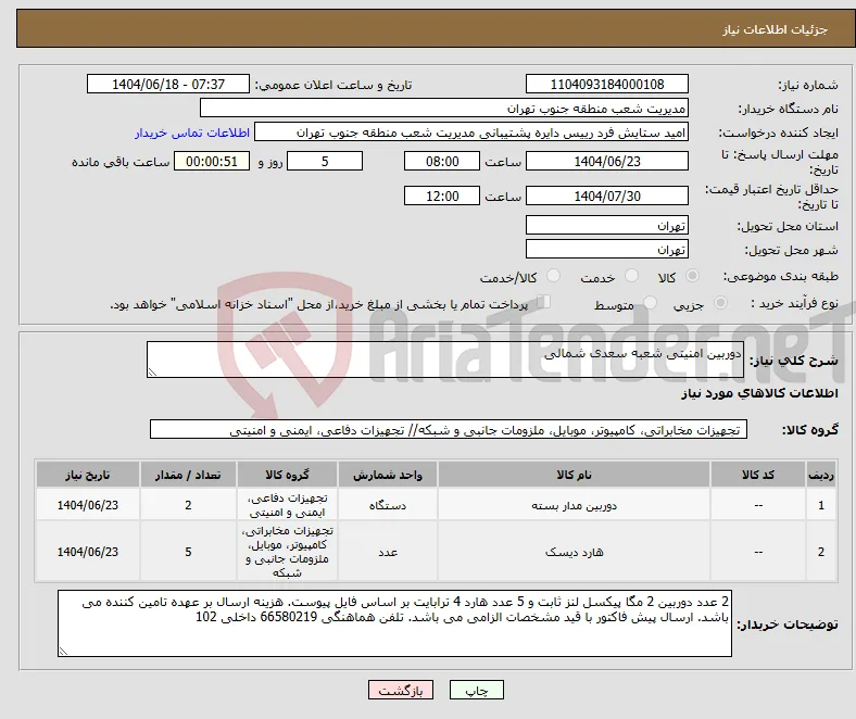 نیاز انتخاب تامین کننده-دوربین امنیتی شعبه سعدی شمالی