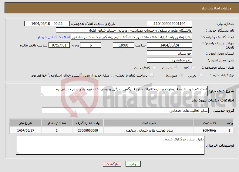 نیاز انتخاب تامین کننده-استعلام خرید البسه بیماران بیمارستانهای حاجیه نرگس معرفی و بیمارستان نوید بندر امام خمینی ره
