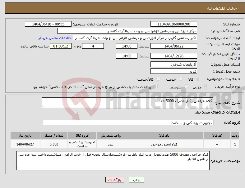 نیاز انتخاب تامین کننده-کلاه جراحی یکبار مصرف 5000 عدد