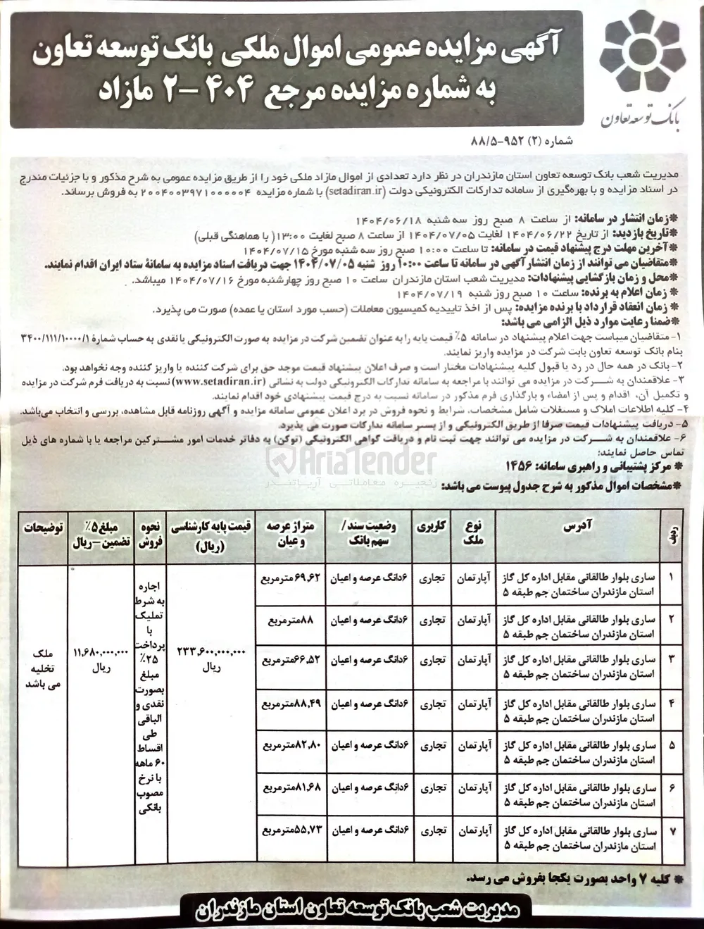 فروش تعدادی از اموال در 7 ردیف با کاربری تجاری