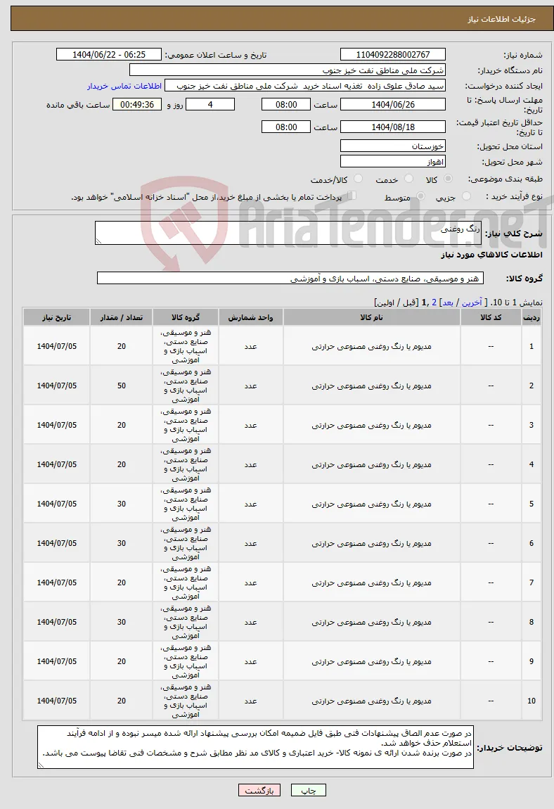 نیاز انتخاب تامین کننده-رنگ روغنی