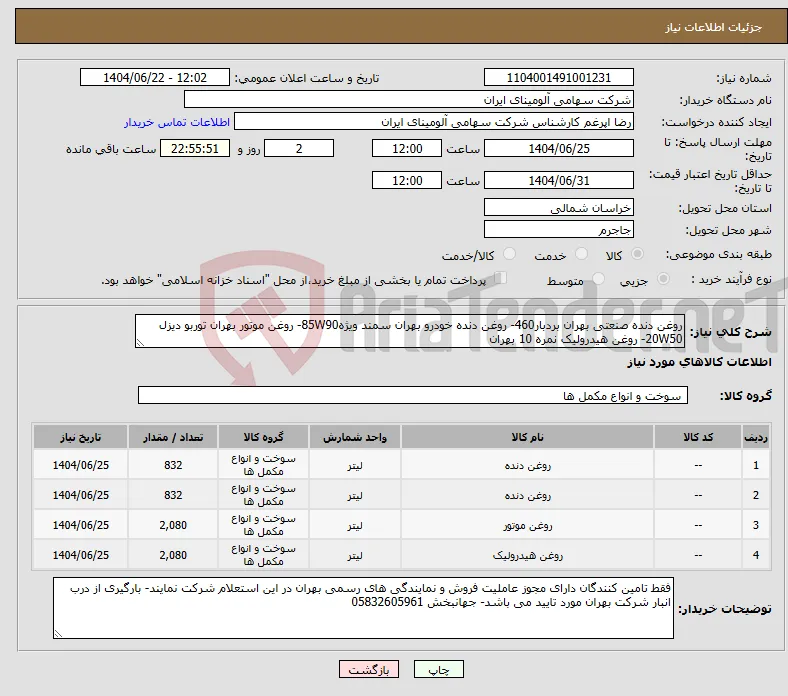 نیاز انتخاب تامین کننده-روغن دنده صنعتی بهران بردبار460- روغن دنده خودرو بهران سمند ویژه85W90- روغن موتور بهران توربو دیزل 20W50- روغن هیدرولیک نمره 10 بهران