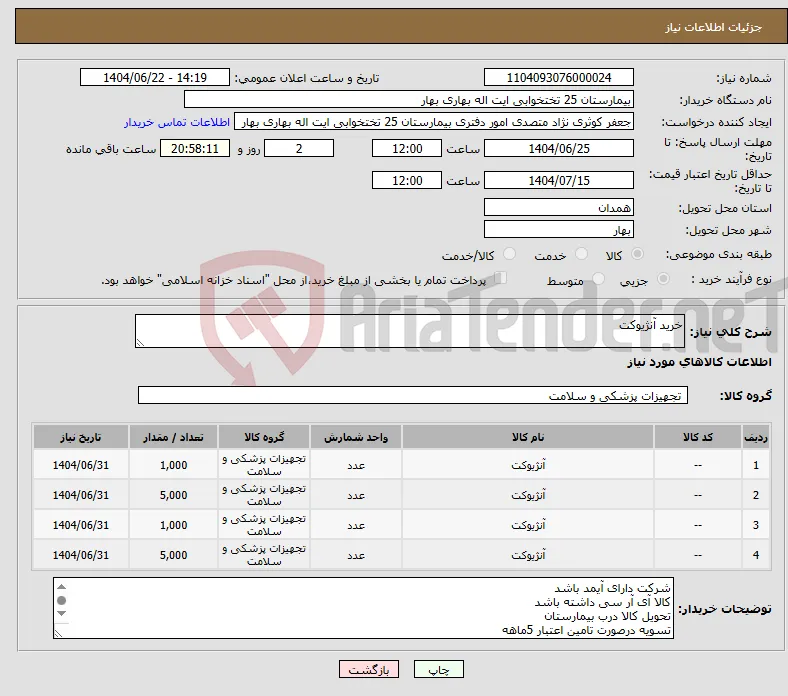 نیاز انتخاب تامین کننده-خرید آنژیوکت