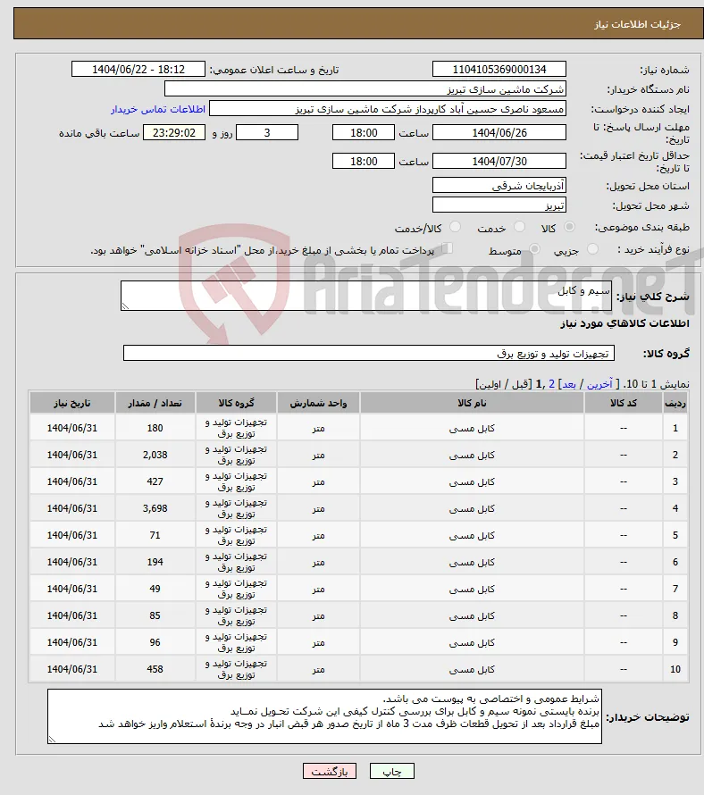 نیاز انتخاب تامین کننده-سیم و کابل