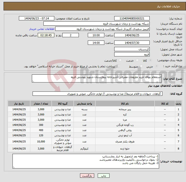 نیاز انتخاب تامین کننده-استعلام بهای خرید ملزومات مصرفی آشپزخانه بیمارستان شهید بهشتی قروه