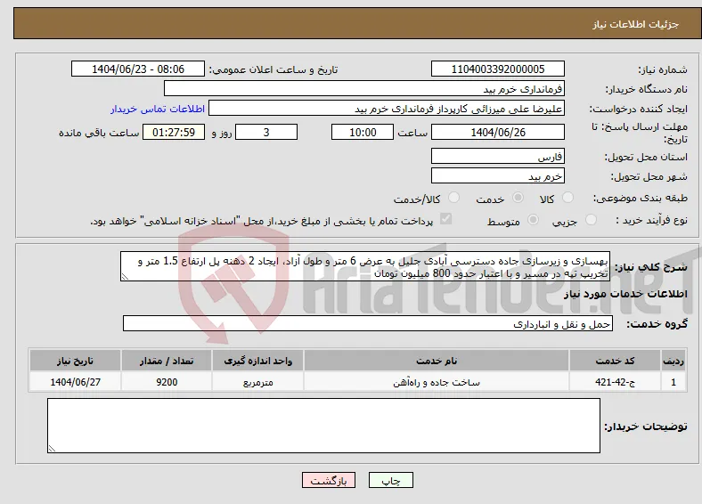 نیاز انتخاب تامین کننده-بهسازی و زیرسازی جاده دسترسی آبادی جلیل به عرض 6 متر و طول آزاد، ایجاد 2 دهنه پل ارتفاع 1.5 متر و تخریپ تپه در مسیر و با اعتبار حدود 800 میلیون تومان