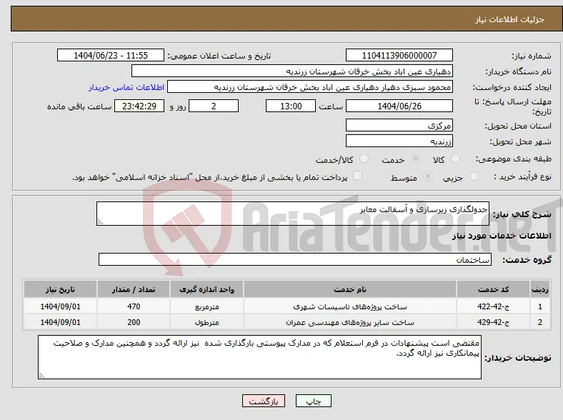 نیاز انتخاب تامین کننده-جدولگذاری زیرسازی و آسفالت معابر