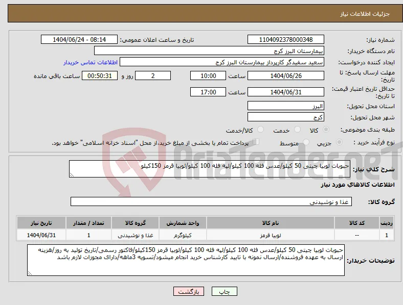 نیاز انتخاب تامین کننده-حبوبات لوبیا چیتی 50 کیلو/عدس فله 100 کیلو/لپه فله 100 کیلو/لوبیا قرمز 150کیلو