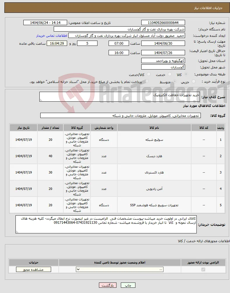 نیاز انتخاب تامین کننده-خرید تجهیزات حفاظت الکترونیک