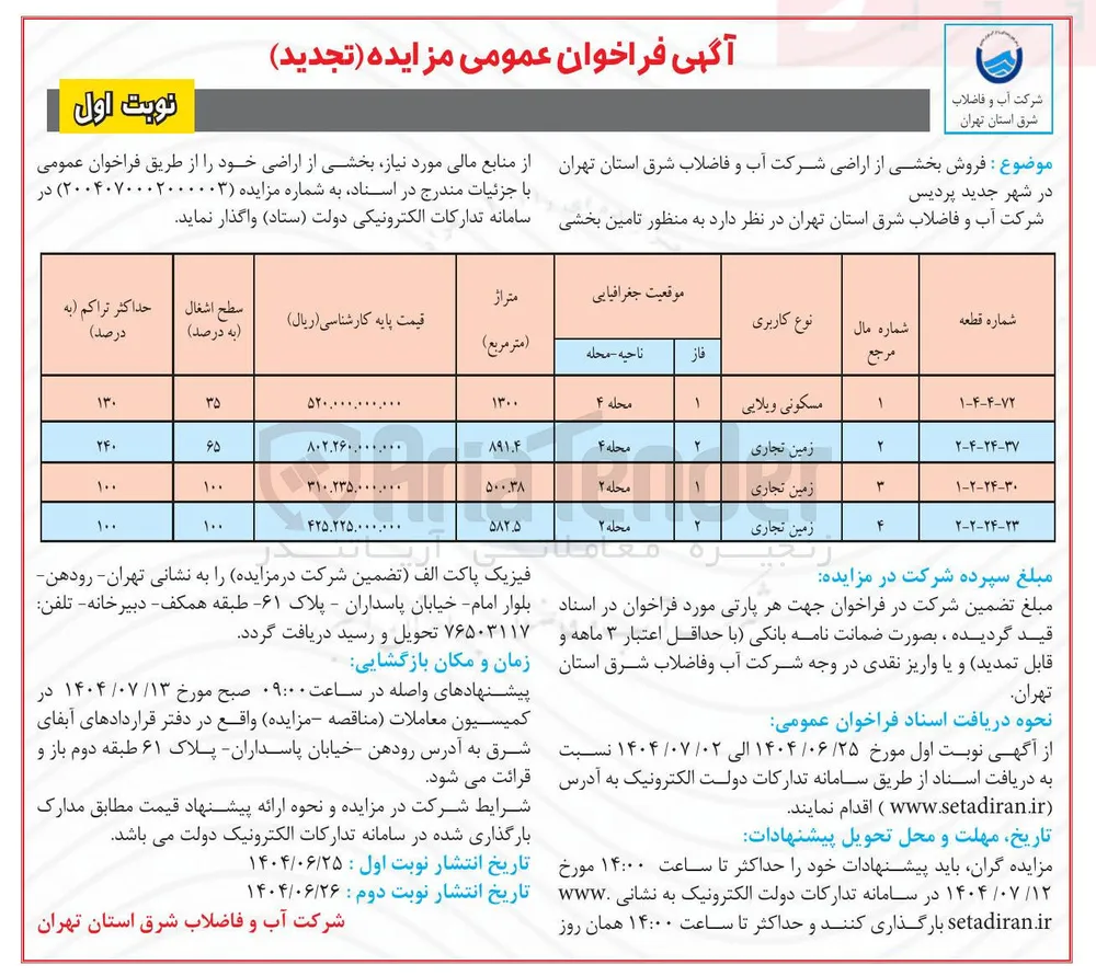 فروش بخشی از اراضی در 4 ردیف با کاربری مسکونی ویلایی تجاری
