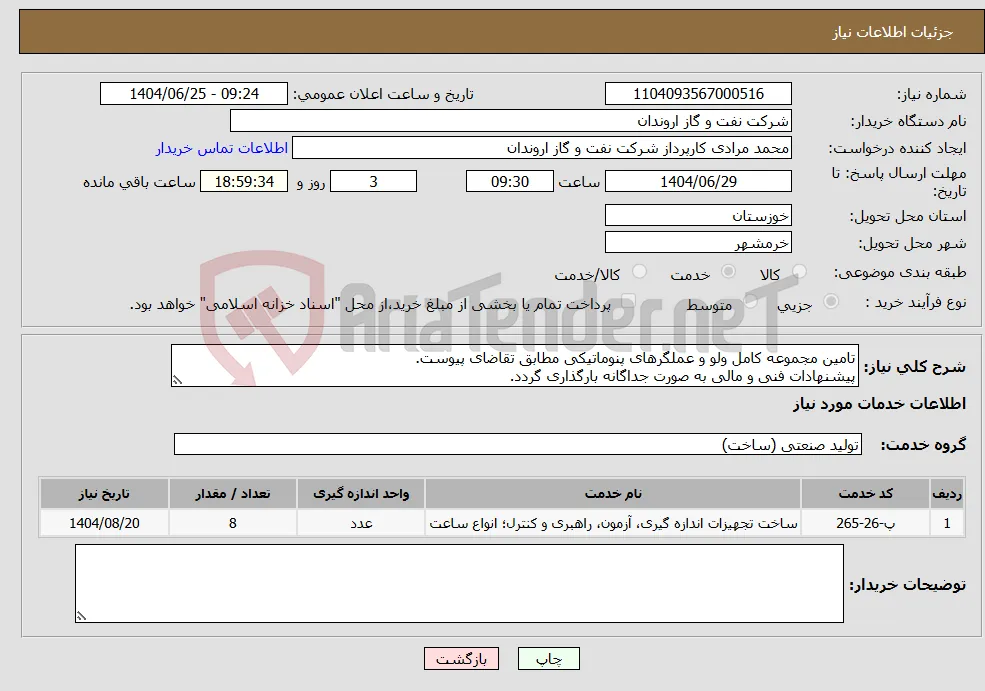 نیاز خدمات-تامین مجموعه کامل ولو و عملگرهای پنوماتیکی مطابق تقاضای پیوست. پیشنهادات فنی و مالی به صورت جداگانه بارگذاری گردد.