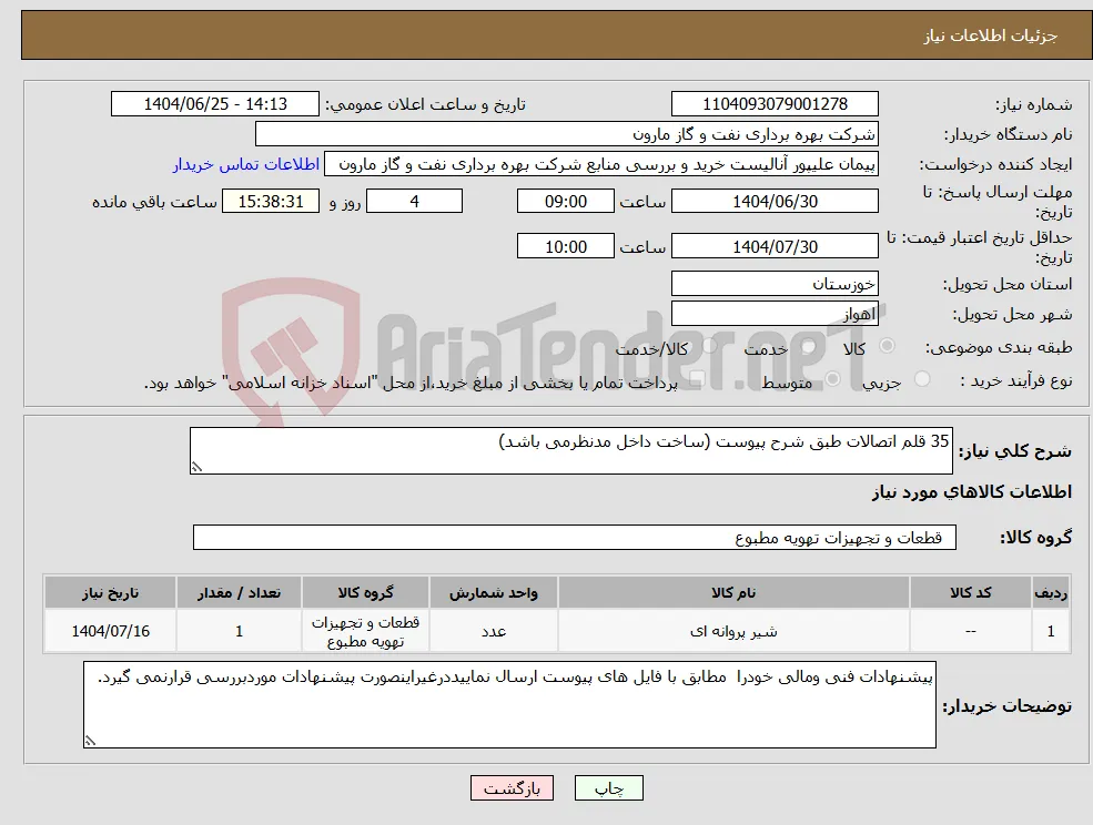 نیاز کالا-35 قلم اتصالات طبق شرح پیوست (ساخت داخل مدنظرمی باشد)