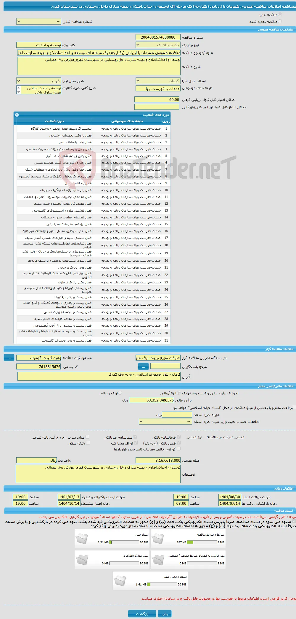 مناقصه عمومی همزمان با ارزیابی (یکپارچه) یک مرحله ای توسعه و احداث،اصلاح و بهینه سازی داخل روستایی در شهرستان فهرج