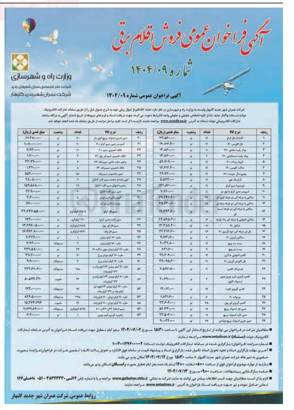 فروش تعداد 57 قلم از اموال برقی 