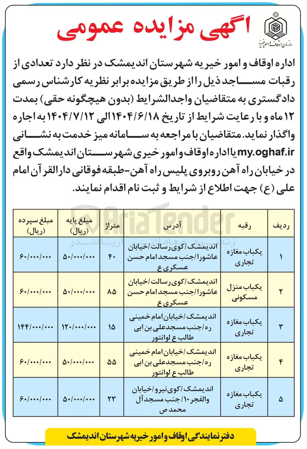 اجاره تعدادی از رقبات مساجد در 5 ردیف با کاربری تجاری - مسکونی