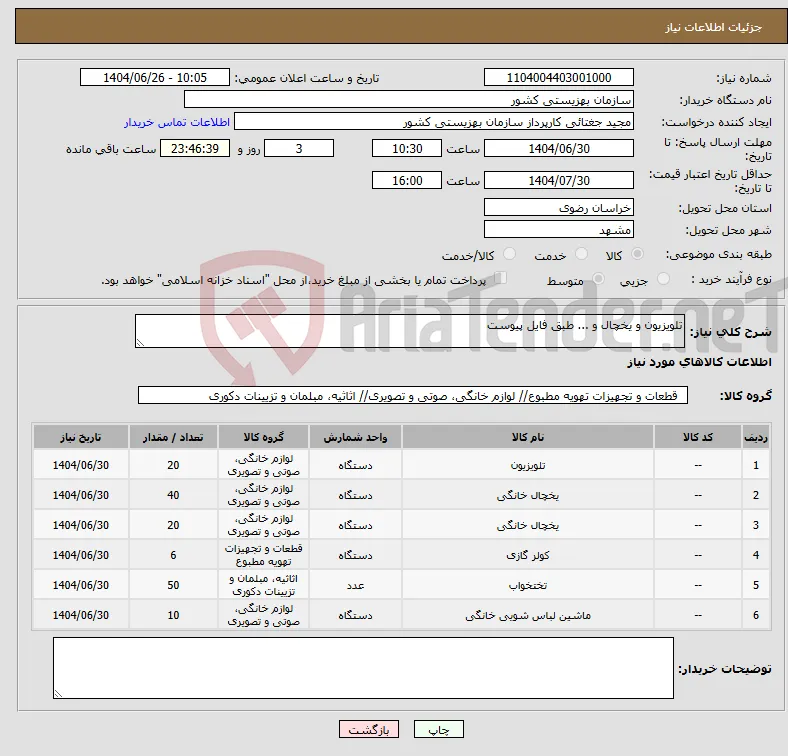 نیاز کالا-تلویزیون و یخچال و ... طبق فایل پیوست