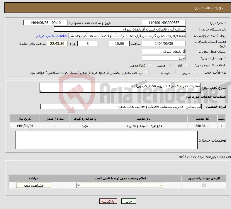 نیاز خدمات-عملیات حفر چاه ضربه ای روستای لیلاب ورزقان