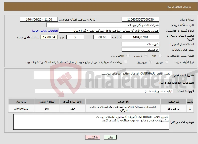 نیاز خدمات- تامین اقلام OVERHAUL اورهال مطابق تقاضای پیوست 
